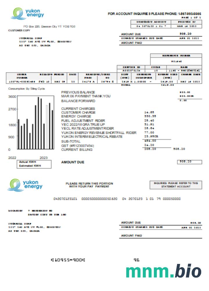 Yukon Energy rachunek za usługi komunalne